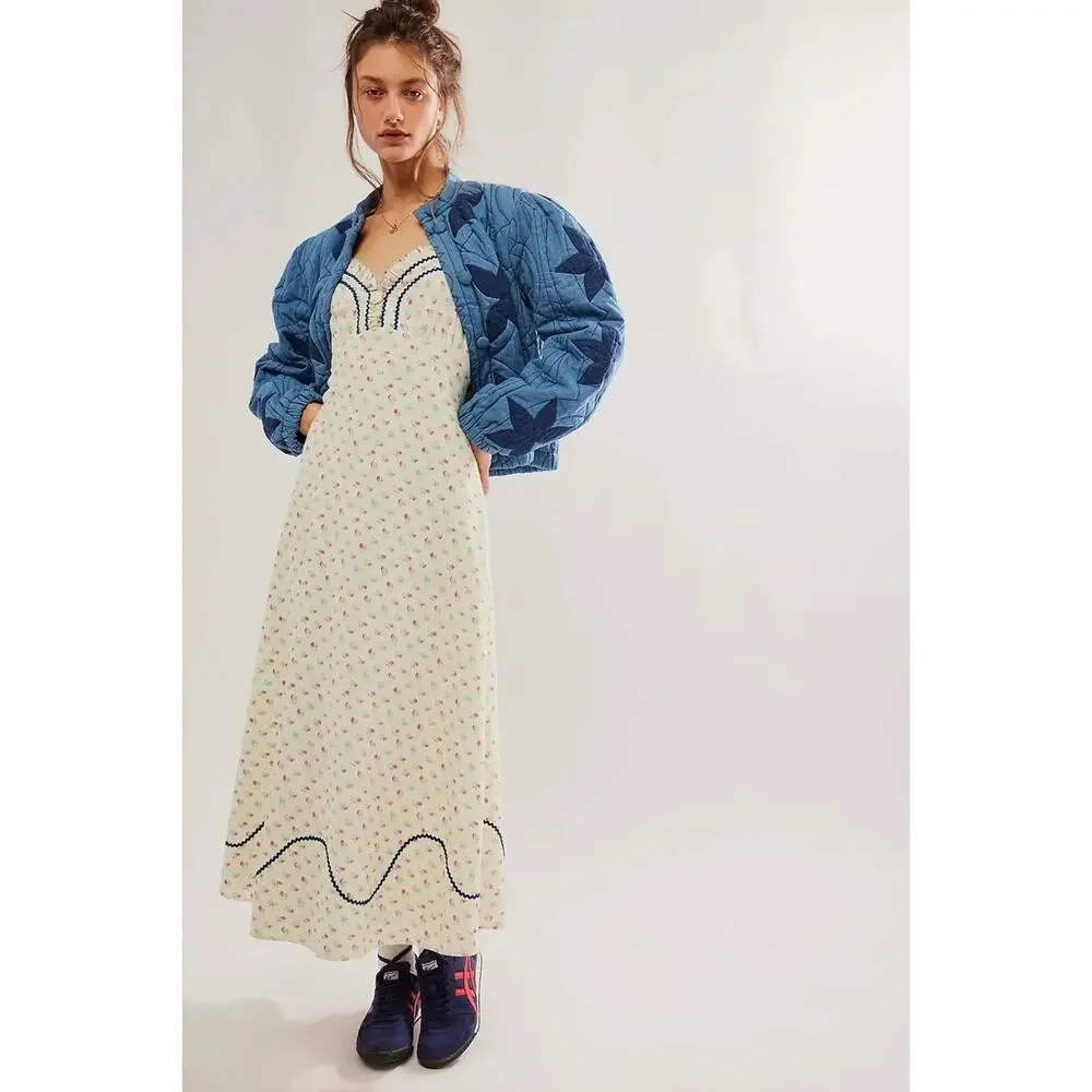 Free People Dainty Western Prairie Sweet Hearts Midi Dress in Ivory Combo Medium